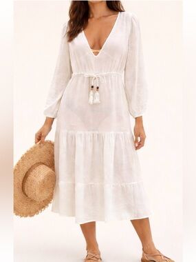 Joie White Linen Blend Boho Midi Dress Cover Up Tassel Size M